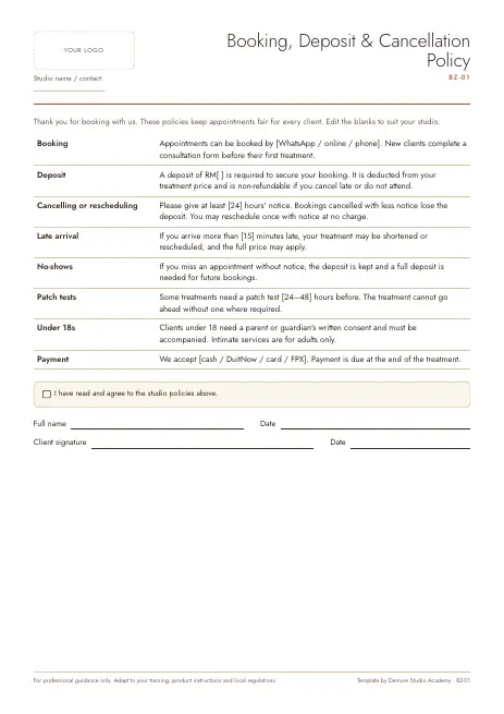Preview of page 1 of Booking, Deposit & Cancellation Policy