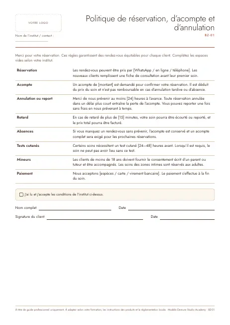 Aperçu de la page 1 de Politique de réservation, d’acompte et d’annulation