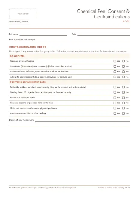 Preview of page 1 of Chemical Peel Consent & Contraindications