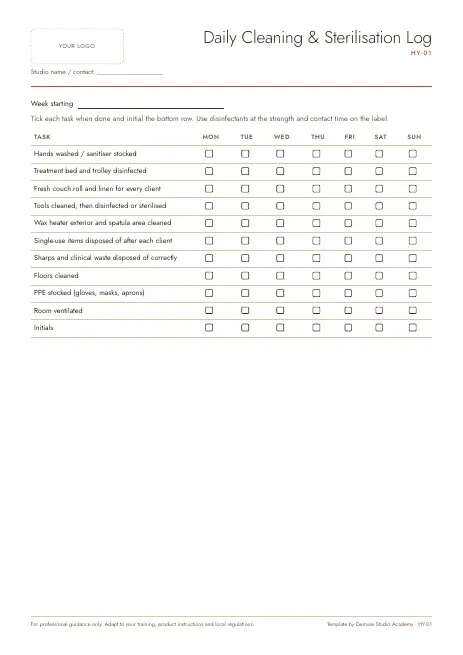 Preview of page 1 of Daily Cleaning & Sterilisation Log