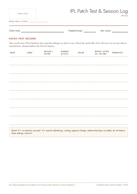 Preview of page 1 of IPL Session Log & Patch Test Record