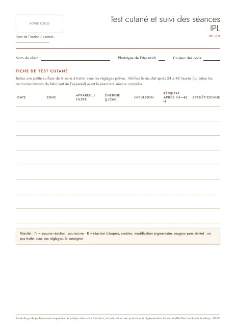 Aperçu de la page 1 de Fiche de suivi des séances IPL et test cutané