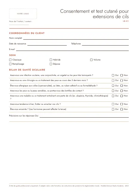 Aperçu de la page 1 de Consentement extensions de cils et test cutané