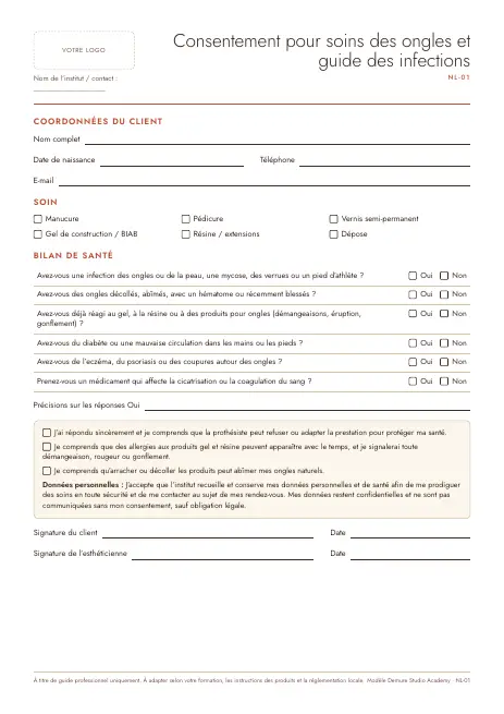 Aperçu de la page 1 de Consentement pour soins des ongles et guide des infections