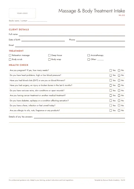 Preview of page 1 of Massage & Body Treatment Intake