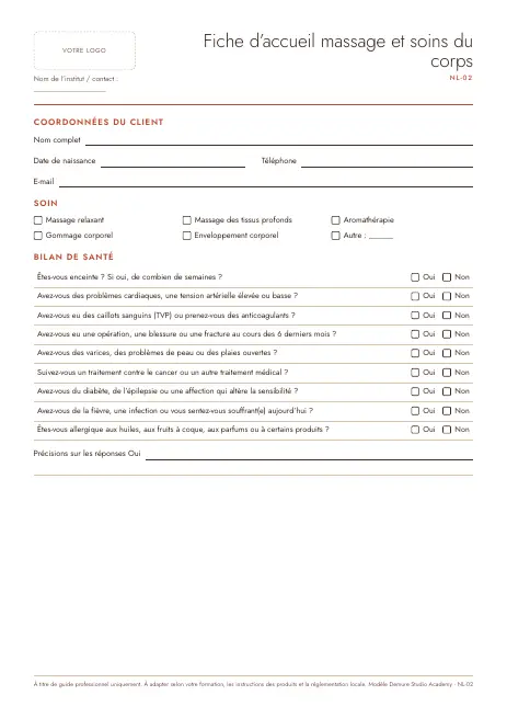 Aperçu de la page 1 de Fiche d’accueil massage et soins du corps